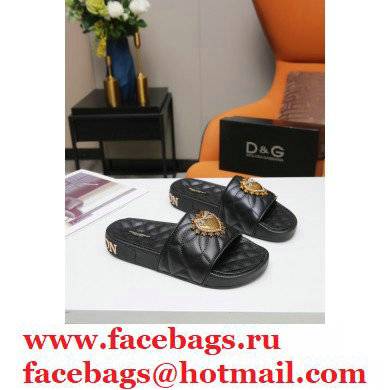Dolce  &  Gabbana Matelasse Leather Beachwear Sliders Black with Devotion Heart 2021